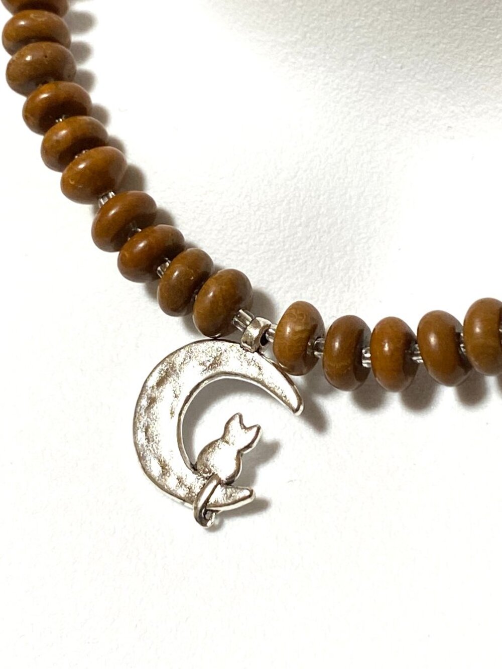 Earthy Jasper Short Necklace, Gemstone & Silver Cat on the Moon Pendant